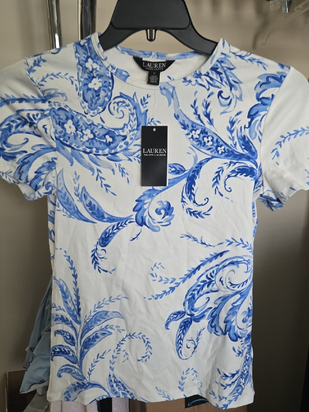 Lauren Ralph Lauren White Tee with Blue Floral Paisley Print